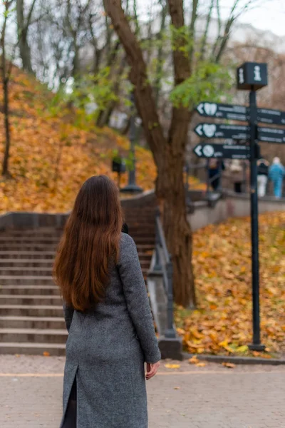 Kobieta Stojąca Ławce Jesiennym Parku — Zdjęcie stockowe