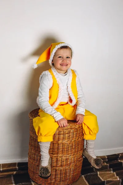 Mały Uśmiechnięty Chłopiec Siedzi Słomkowym Koszyku Żółtym Stroju Elfa Krasnala — Zdjęcie stockowe