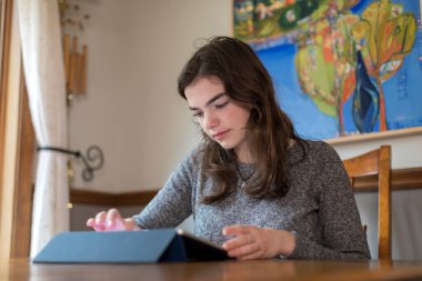 Pretty seventeen year-old caucasian girl working on a tablet