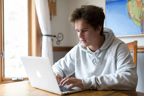 Caucasian Male College Student Works Laptop — Stok fotoğraf