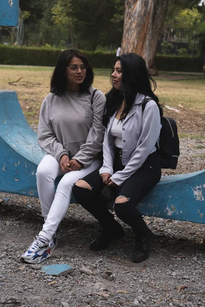 Twee Vriendinnen Die Samen Tijd Doorbrengen Het Park — Stockfoto