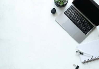 Beyaz arka planda dizüstü bilgisayarı, defteri, kalemleri ve bitkileri olan beyaz çalışma yeri.