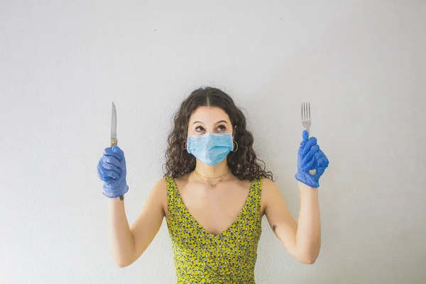 Woman Knife Fork Hands Protect Mask — Fotografia de Stock