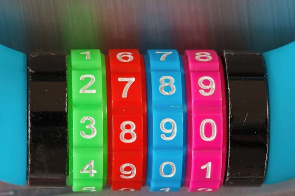 Close up of a colorful combination lock and their numbers