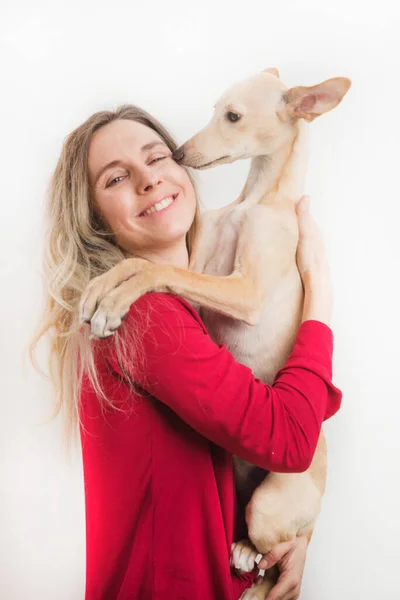 Girl Holding Her Mini Greyhound Dog — Stok fotoğraf