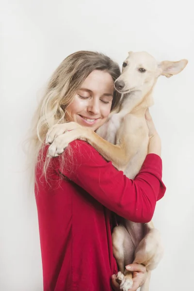 Girl Holding Her Mini Greyhound Dog — Stok fotoğraf