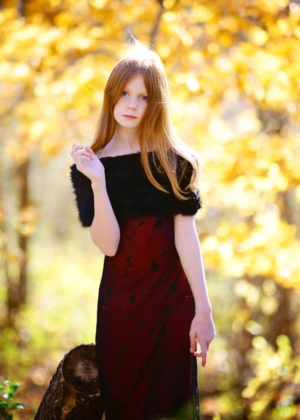 Beautiful Young Girl Long Red Hair Red Dress Outdoors Fall — Stockfoto