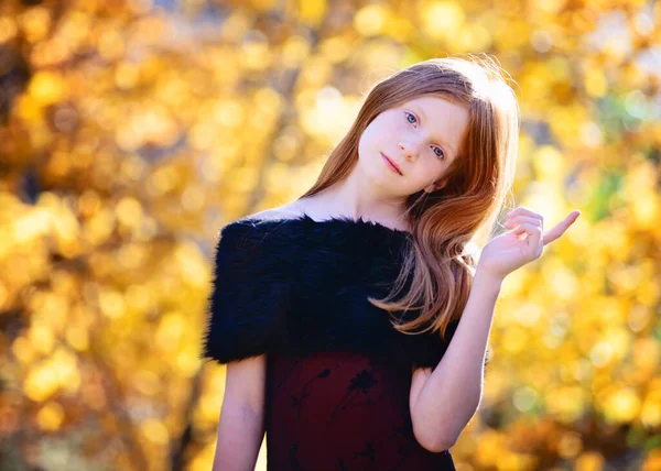 Beautiful Young Girl Long Red Hair Red Dress Outdoors Fall — Stok fotoğraf