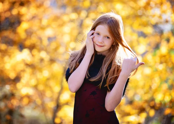 Beautiful Young Girl Long Red Hair Red Dress Outdoors Fall — Stock Photo, Image