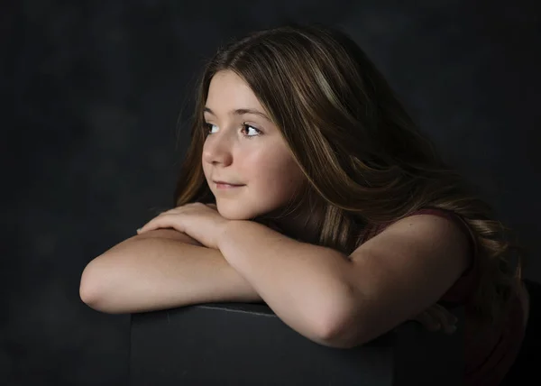 Beautiful Confident Tween Girl Dark Studio Background — Photo