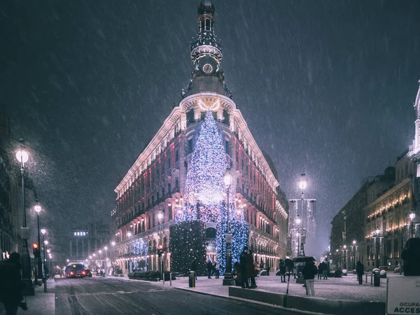 Madrid City Street Heaviest Snowfall Evening — 图库照片