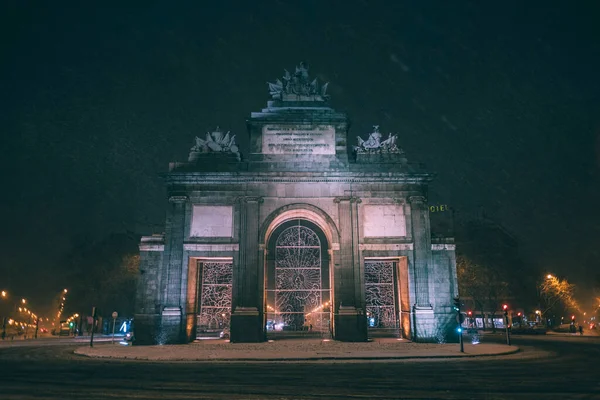 Madrid City Street Heaviest Snowfall Evening — 图库照片