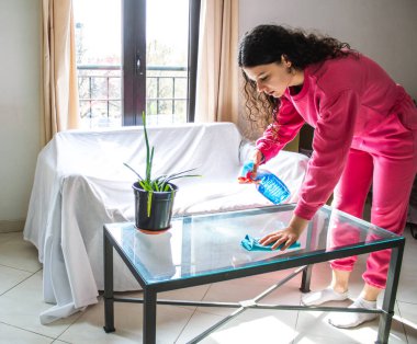 Evi paçavra ve spreyle temizleyen genç bir kadın.