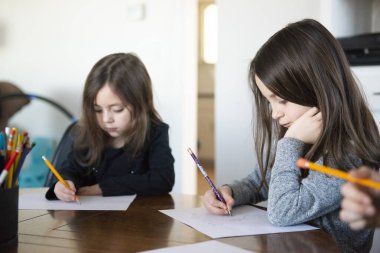 Masada oturmuş ödevlerini yapan iki genç kız..