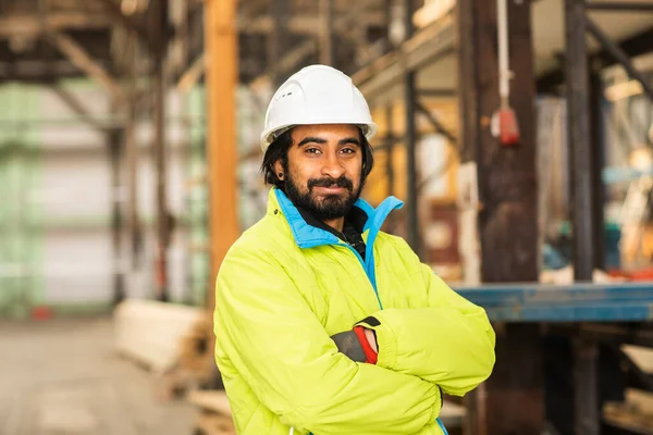 Worker Young Man Helmet Beard Standing Warehouse — Stock Photo, Image