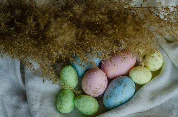 Coloridos Huevos Pascua Mantel Ligero Con Cañas — Foto de Stock