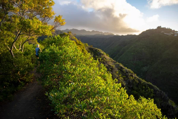 Femme Marchant Sur Sentier Long Une Chaîne Montagnes Hawaï — Photo