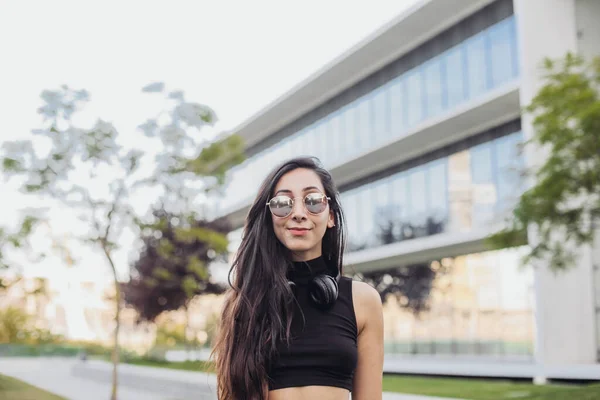 Woman Long Hair Sunglasses Black Crop Top Outdoors — Stock Photo, Image