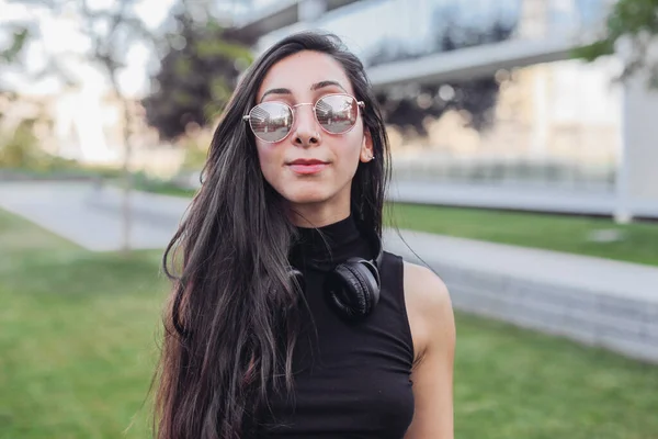 Young Woman Long Hair Mirror Sun Glasses Headphones — Fotografia de Stock