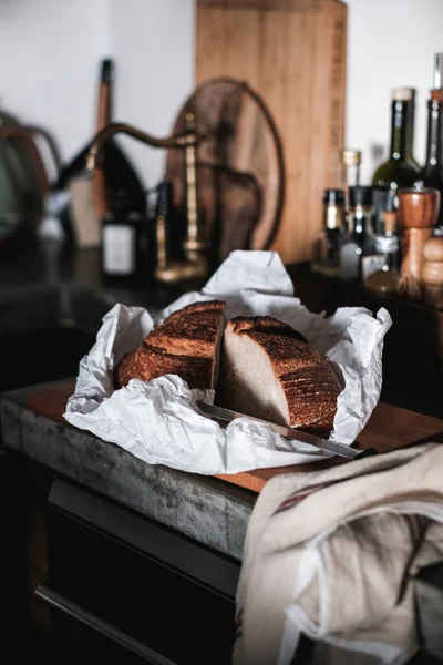 Pane Pasta Madre Artigianale Carta Imballaggio Cucina — Foto Stock