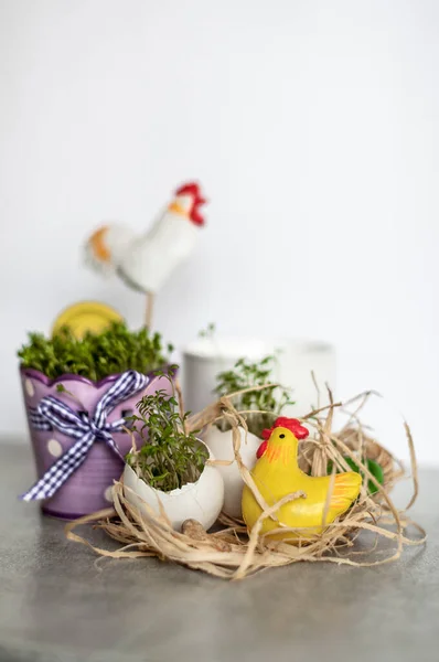 Bodegón Con Brotes Jóvenes Berro Gallos Velas — Foto de Stock