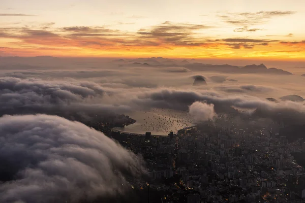 Beautiful Sunrise View Corcovado Mountain Sugar Loaf City Ocean Rio — Stock Photo, Image