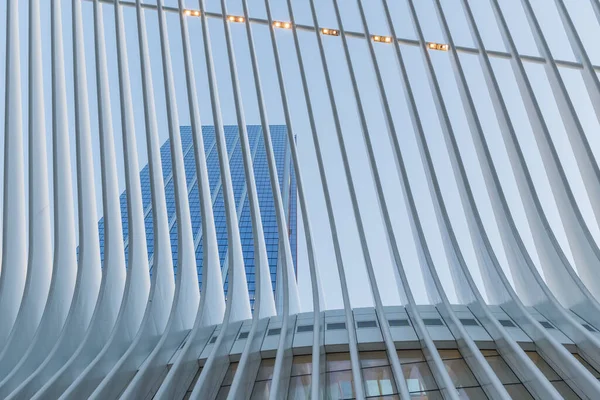 Von Unten Modernes Hochhaus Mit Glaswänden Hinter Dach Vor Blauem — Stockfoto