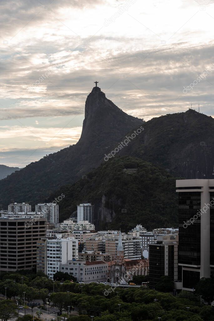 Beautiful sunset view to city buildings and mountains, Rio de Janeiro, Brazil