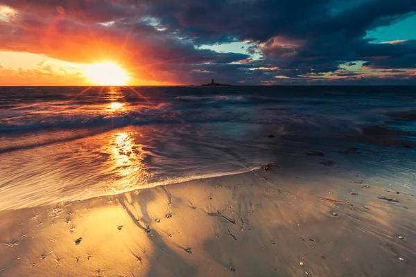 Grekiska Havet Färgglad Solnedgång Stranden — Stockfoto