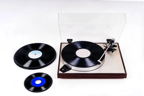 Record Player Next Vinyl Records White Background Photographed — Stock Photo, Image