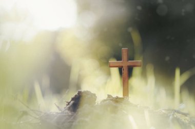 Bulanık gün batımı arkaplanında çapraz.