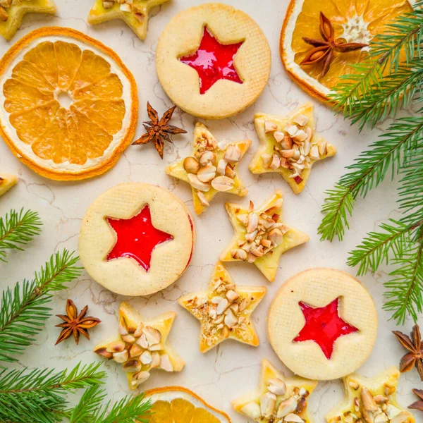 Diseño Cuadrado Con Naranja Redondo Estrellas Forma Galletas Pino Anís —  Fotos de Stock