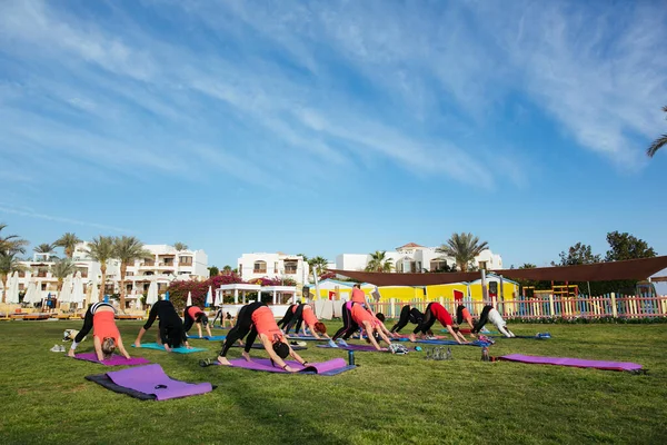 Group Tourists Doing Yoga Outdoors Hotel — Stock Photo, Image