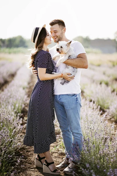 Loving Couple Dog Lavender Field — Zdjęcie stockowe