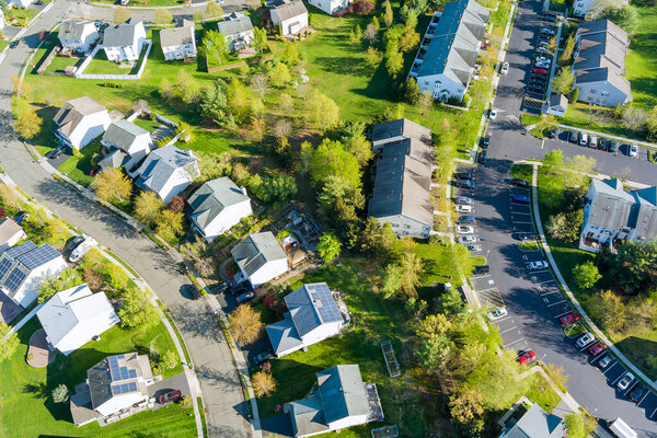 Aerial view of roof houses in America small town in the countryside top view above houses in NJ USA