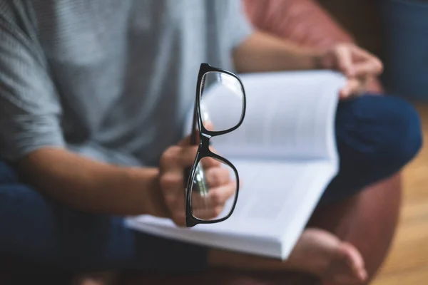 Woman Glasses Reads Comfortably Sitting Home — Stock Photo, Image