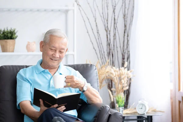 Расслабьтесь Пожилой Человек Сидит Диване Читает Интересную Книгу Гостиной Концепция — стоковое фото