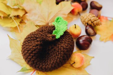 Yeni doğan bebek için yapraklı meşe palamudu şeklinde el yapımı kahverengi şapka.