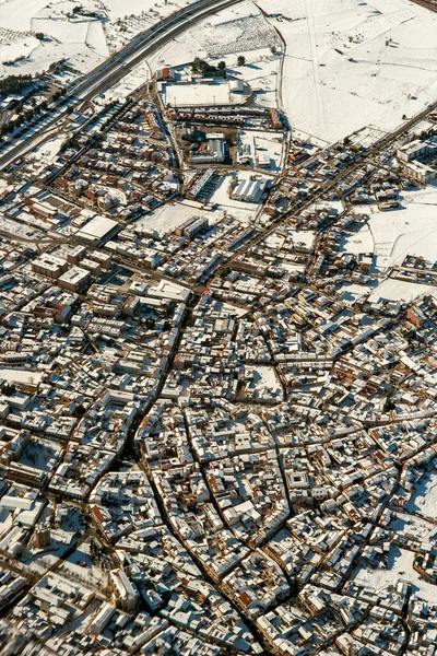 snow Madrid empty roads aerial view town houses