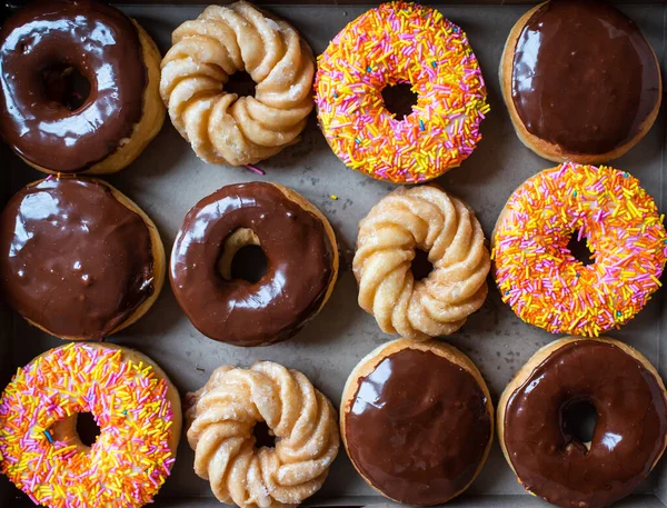 Overhead Dozen Assorted Coffee Shop Donuts Box — Stock Photo, Image