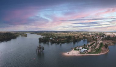 Aerial view from a lake with a beach. Mina de Sao Domingos, Alentejo P clipart