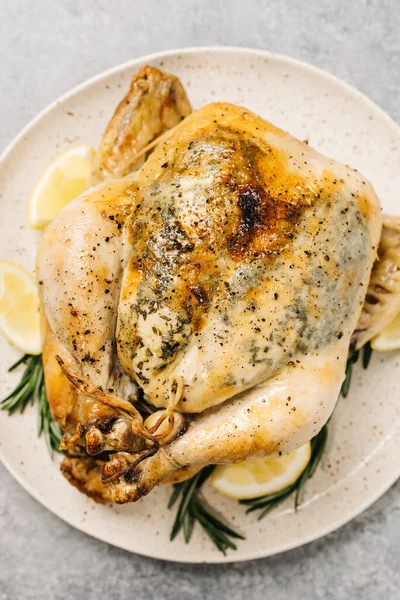 Whole Slow Cooked Herb Chicken Overhead — Stock Photo, Image