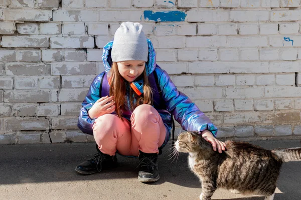 Dospívající Dívka Hladí Kočku Ulici Pojem Láska Zvířatům Ochrana Životního — Stock fotografie