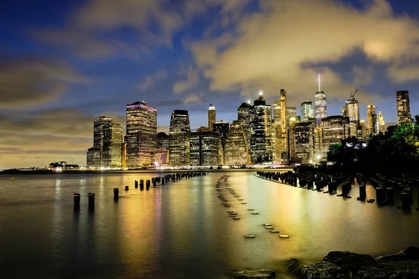 Vista Nocturna Manhattan Desde Viejo Muelle Brooklyn —  Fotos de Stock