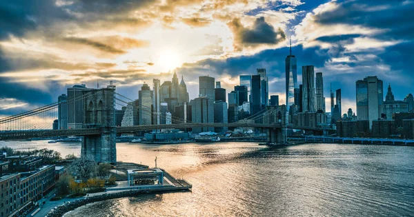 Skyline Zonsondergang New York City Usa Brug Mooi — Stockfoto