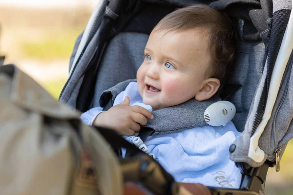 A little boy spendig time in a park in Spain, seated in his baby carriage. he is observing the natural surroundings and enjoying the place. It\'s a sunny day. He is caucasian and he has blue eyes.