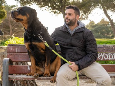 Parktaki bankta oturan bir adam Rottweiler köpeğiyle