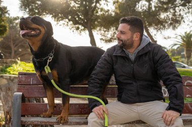 Parktaki bankta oturan bir adam Rottweiler köpeğiyle