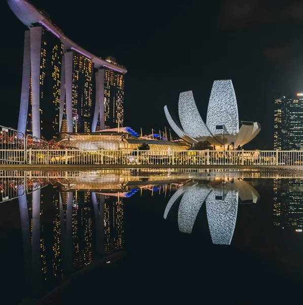 Marina Bay Sands Artscience Museum Tükröződik Egy Esőpocsolya Éjjel Szingapúrban — Stock Fotó