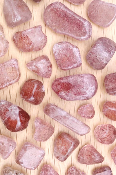 Strawberry Quartz Rare Jewel Stones Texture Light Varnished Wood Background — Stock Photo, Image